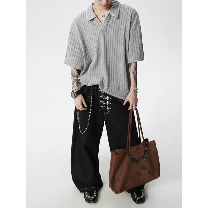 Summer Short Sleeved T-shirt Men Fashion Lapel Knitted T Shirt Men Streetwear Korean Loose Casual T-shirt Mens Top Large Size