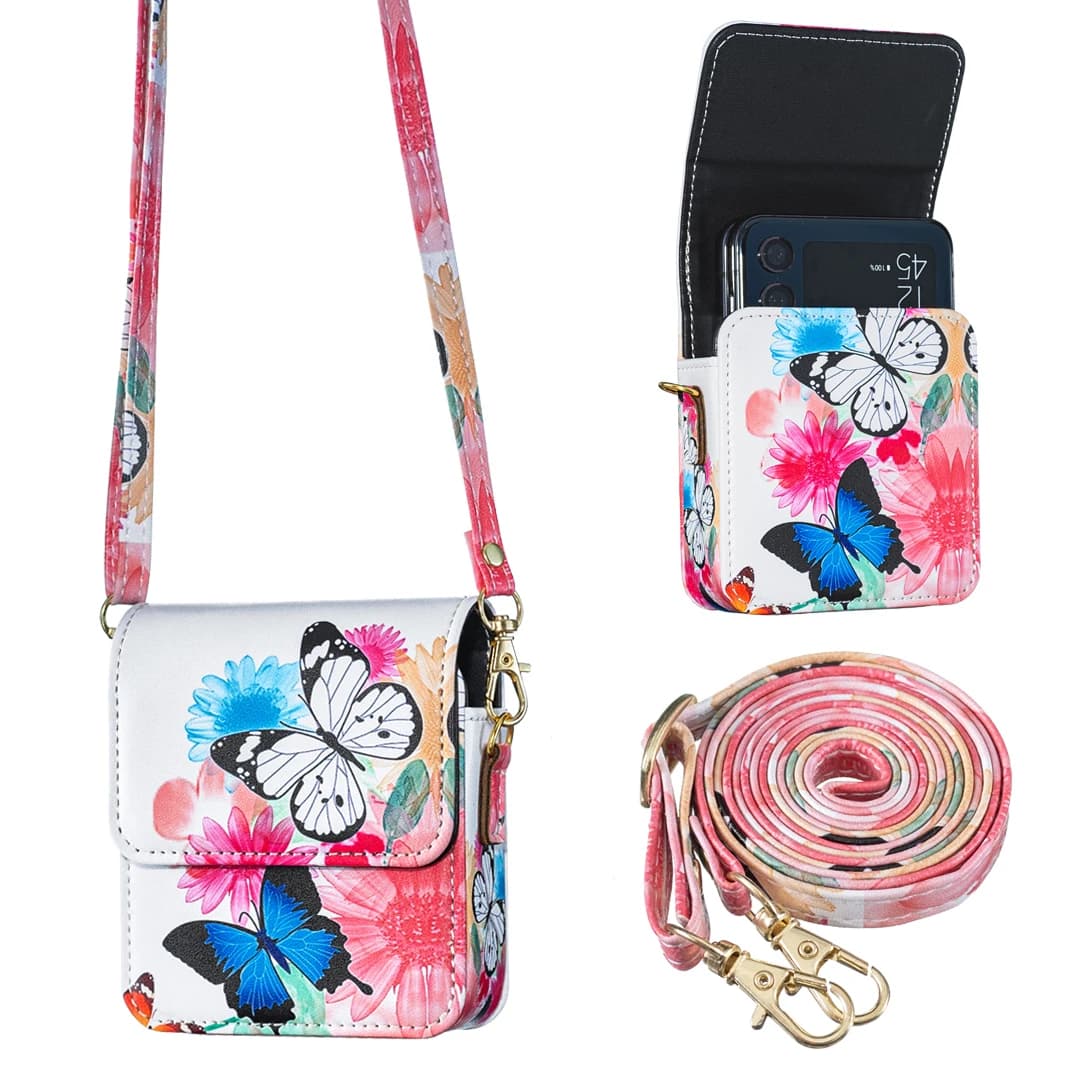 For Motorola Razr 70 60 50 40 Ultra 5G Crossbody Wallet Leather Cards Solt Phone Case Long Lanyard Cute Pattern Butterfly Cover