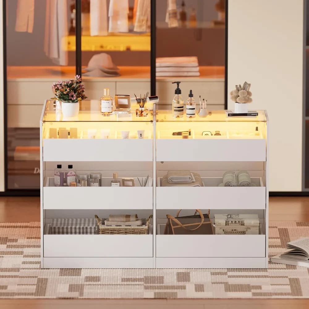 Armoire Wardrobe Closet Island,Led Lights,Glass Tabletop,Bedroom Island with Jewelry Organizer,Island Dresserwith Display Shelf