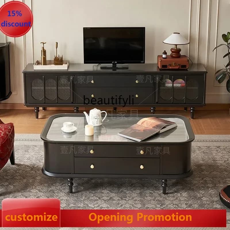 ss8350 French retro solid wood TV cabinet coffee table combination living room home light luxury medieval storage locker integra