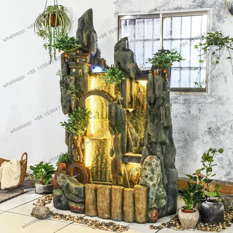 Office rockery flowing water fountain curtain wall living room hotel water feature fish pond humidification feng shui wheel