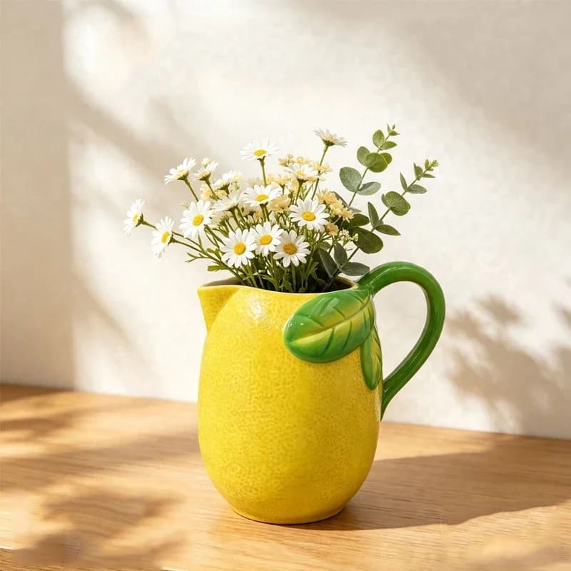Cute Lemon Shaped Ceramic Pitcher Vase Yellow Fruit‑Style Jug Flower Vase Nordic Creative Handle Floral Container Home Ornament