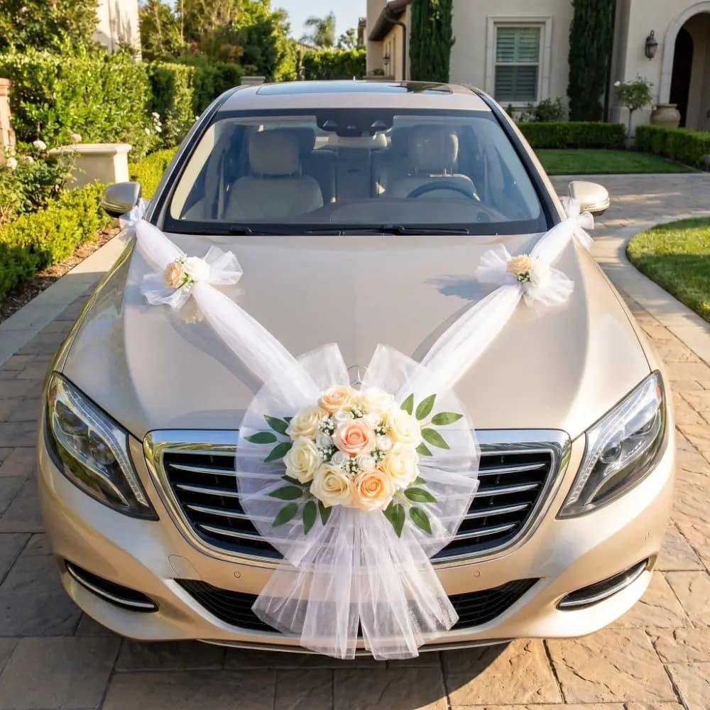 Multi-Color Wedding Car Decoration Paint-Safe Tulle Bow Car Gauze Ribbon Bow Pollen-Free Elegant Fleet Pull Flower
