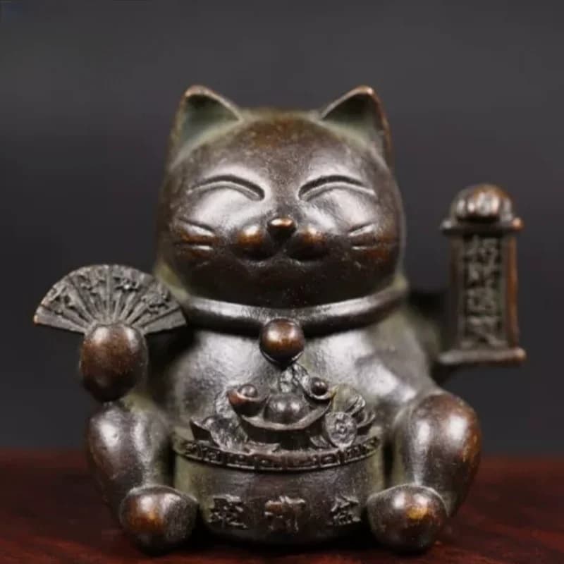 Antique Copper Lucky Cat Figurines Miniatures Desktop Ornaments Cute Animal