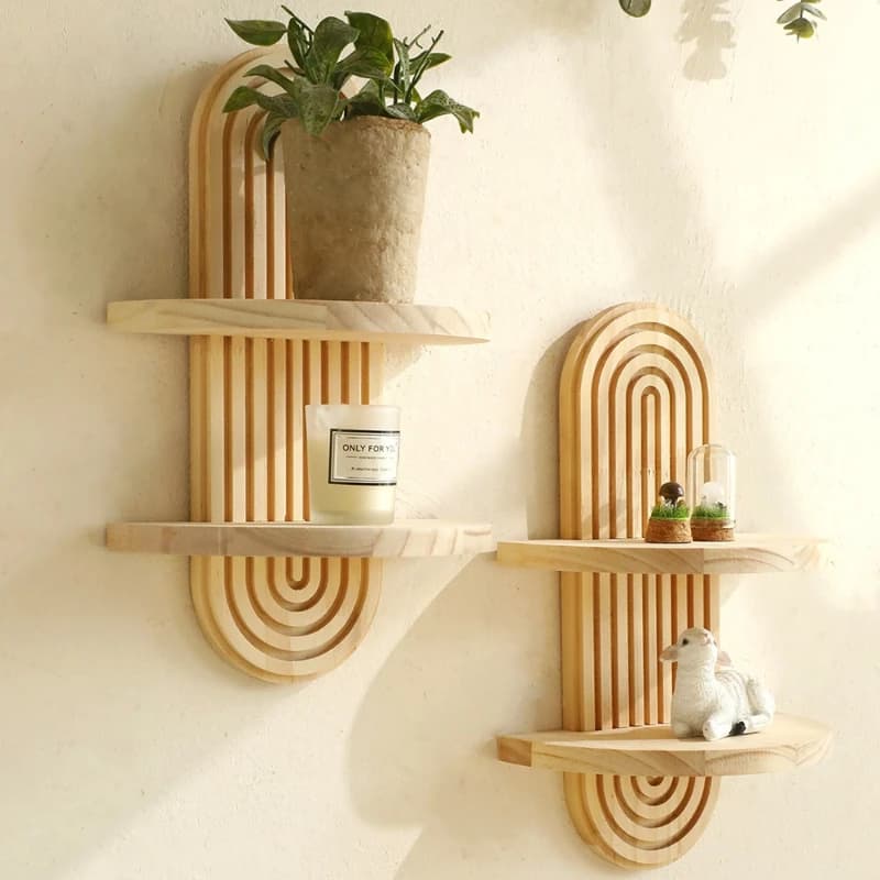 Oval Threaded Solid Wood Wall Planter Rack – Creative Wooden Craft Home Decor Display Shelf