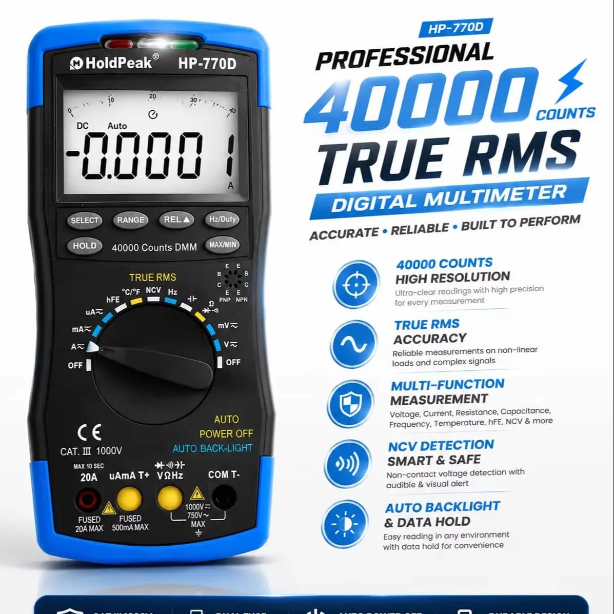 HoldPeak HP-770D True RMS Digital Multimeter Auto Range Multimetro 40000 Counts Measure Ohm Volt Amp Capacitor Tester
