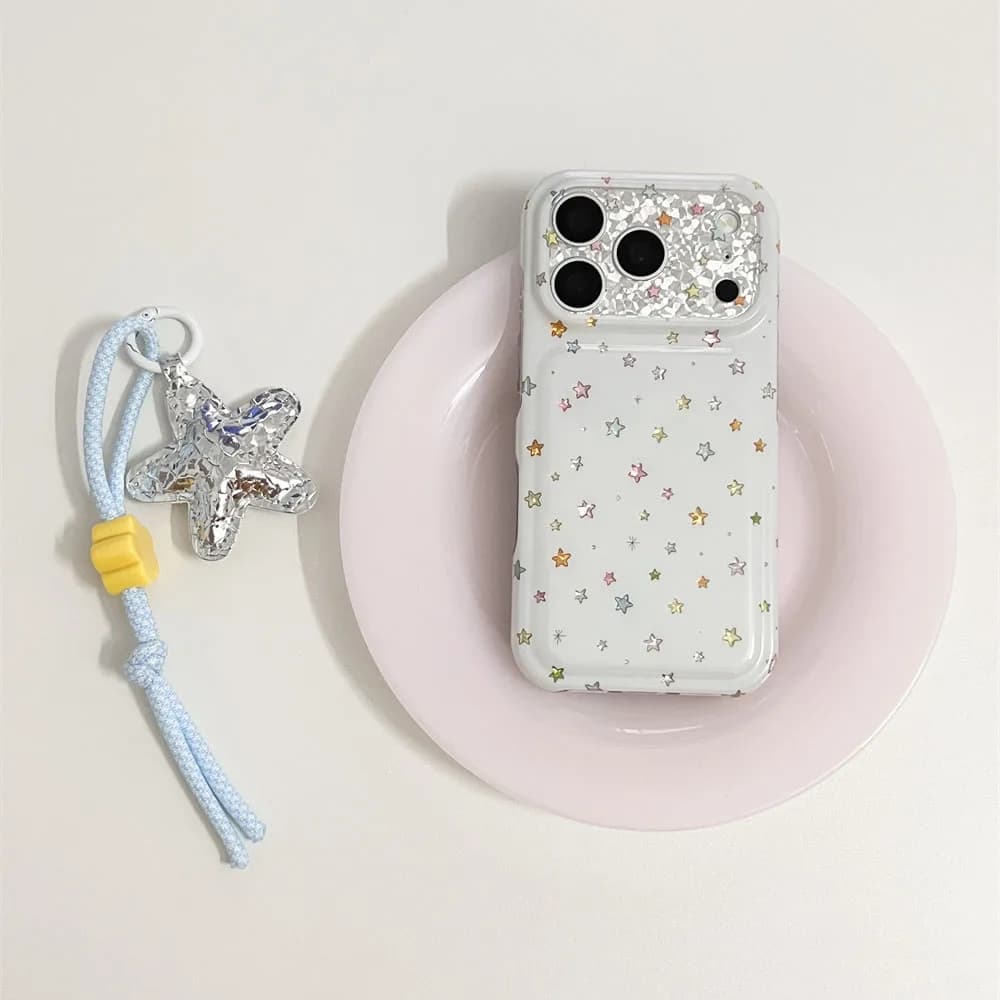 Cute Colorful Star Print Phone Case For iPhone 15 16 17 Pro Max With Silver Star Pendant Lanyard Glitter Shockproof Soft Cover