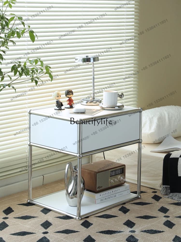13Mid-Ancient Bedside Table Simple Modern Light Luxury Storage Rack Stainless Steel Locker