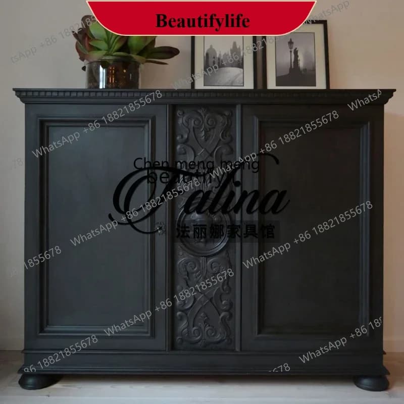 D178  French retro simple solid wood entry porch cabinet foyer European carved dining side cabinet, black side cabinet