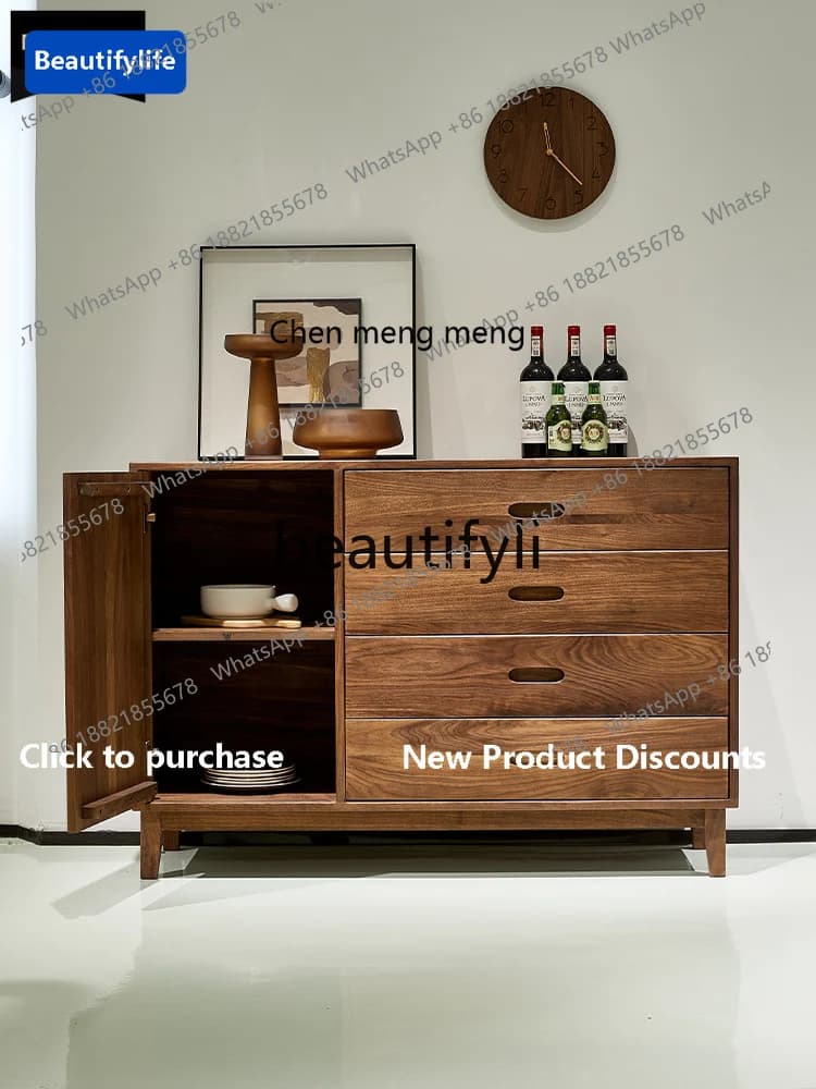 178CC Multifunctional Household Solid Wood Sideboard Black Walnut Nordic Light Luxury Tea Storage Cabinet