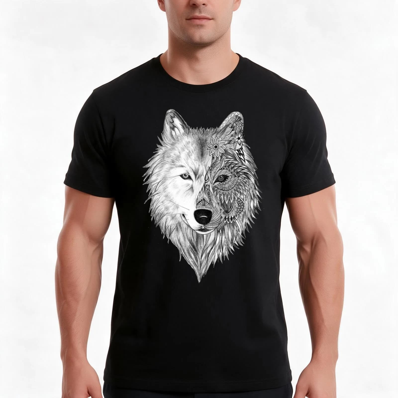 Wolf Face, Half Geometric,WOLF MOONLIGHT T-Shirt, Summer Casual Cotton Tee, Oversized Streetwear Tops, Vintage Graphic Print