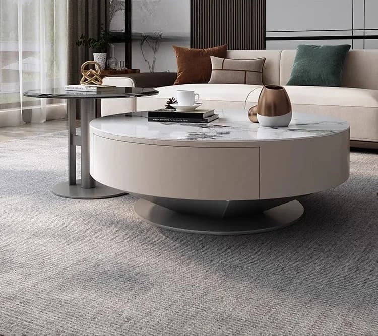yj57 Italian light luxury round stainless steel solid wood drawer modern high-end rock slab coffee table