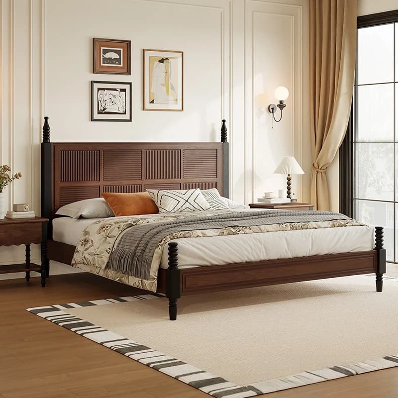 American vintage bed frame wooden high-end light luxury double bed retro style кровать двуспальная 180х200 bedroom furniture
