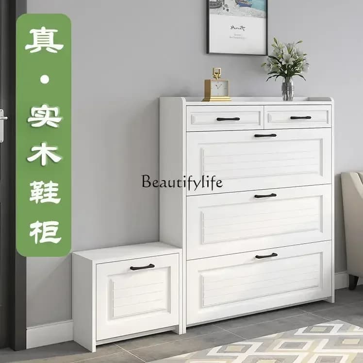 yj58  Solid Wood Flip Shoe Cabinet Ultra-Thin Home Entrance Simple Modern Entryway Shoe Storage Rack