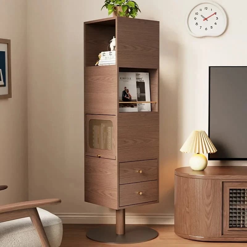 Solid wood rotating bookshelf 360 degree bookcase Internet celebrity living room movable floor shelf