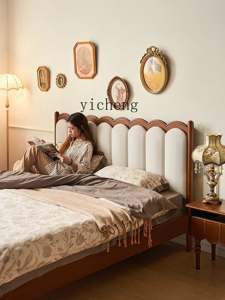 A22 Retro Solid Wood Bed Cream Wind Soft Bag Bed Ripple Bed American Furniture Children's