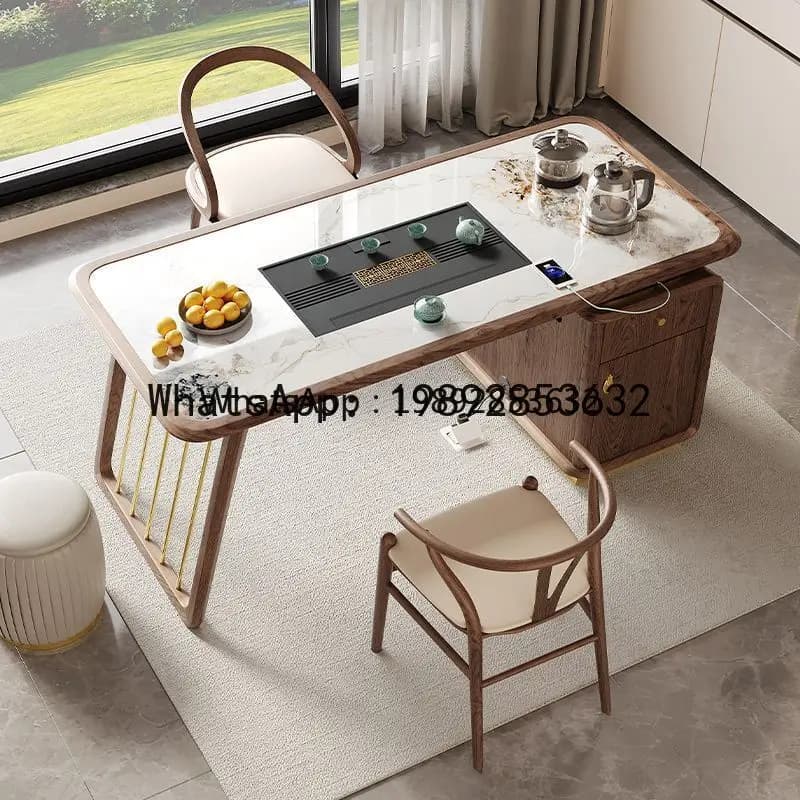 F2  Solid Wood Tea Table Rock Board Kung Fu Tea Table Home Multifunctional White Wax Wood Zen Balcony Tea Table and Chair Set