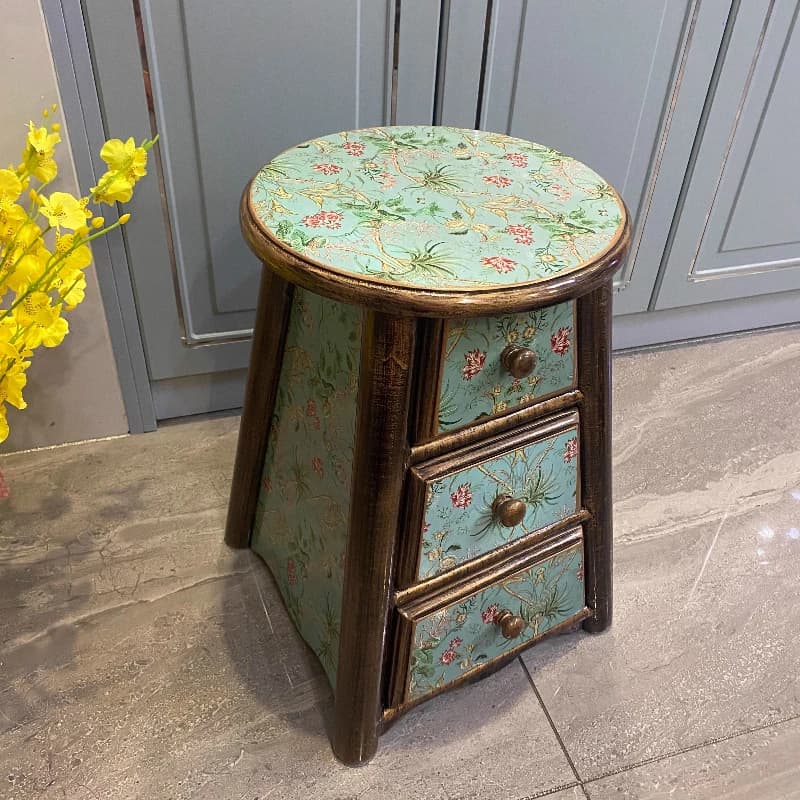European Country Style Solid Wood round Stool with Drawer American Home Makeup Bench Dressing Stool