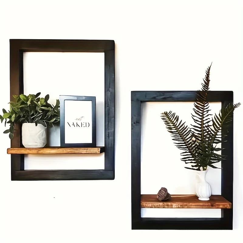 2Pcs Wooden Set Black Brown Square Display Stand With Hooks Photos, Candles, Flowers, Albums, Potted Plants Perfect For Living