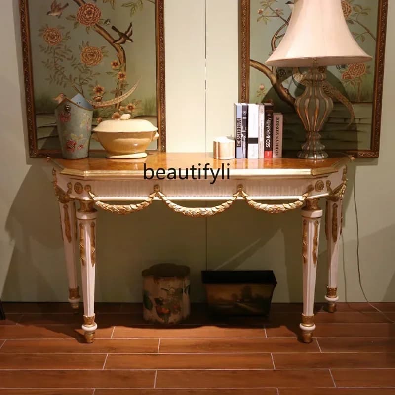 35European Style French Retro Hand-Painted Solid Wood Carving Gilding Hallway Cabinet Luxury furniture