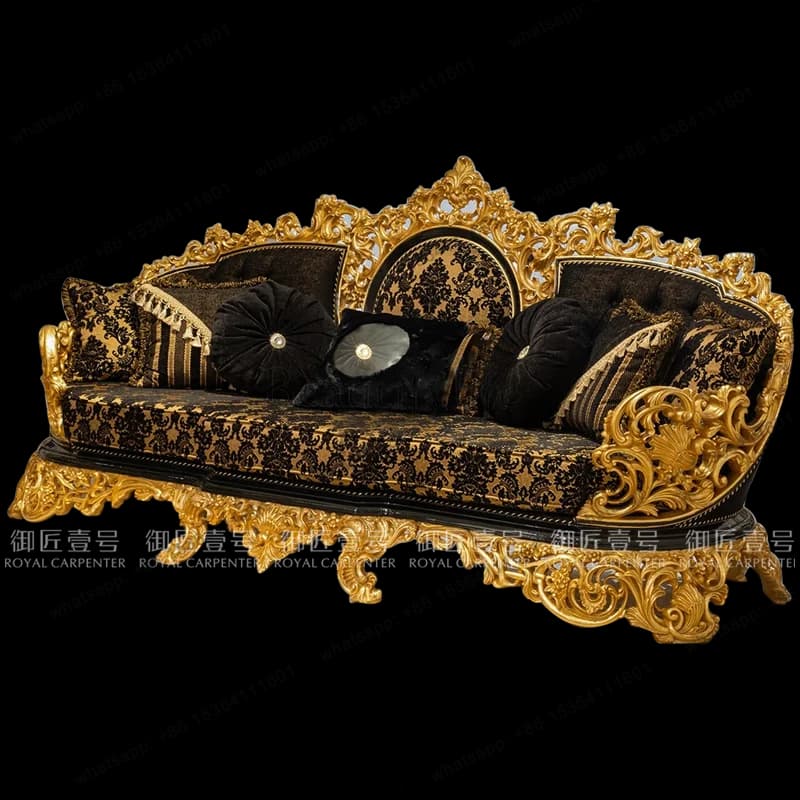 Solid wood carving flower gold large apartment villa living room sofa combination black embroidery fabric