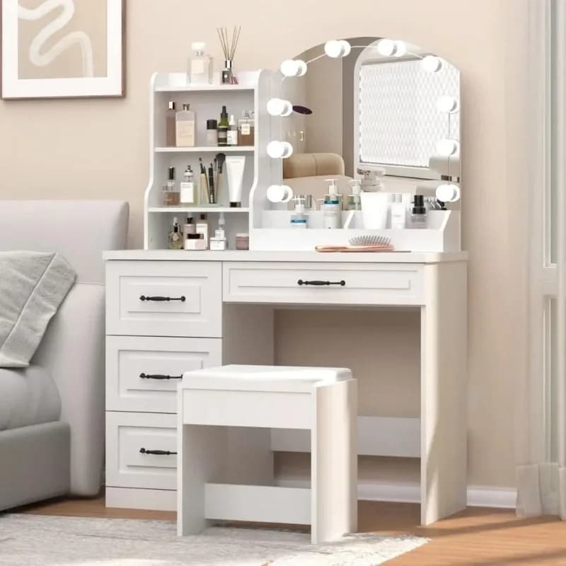 Makeup Vanity Desk, with Lights and 4 Drawers, White Vanity Set Makeup Table Lots Storage, 3 Lighting Colors