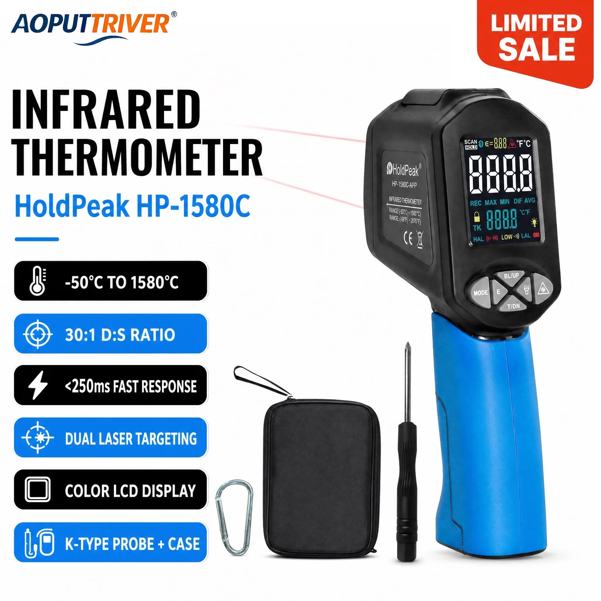 HOLDPEAK HP-1580C-APP Infrared Thermometer -50~1580°C 30:1 DS Dual Laser Color LCD APP Control Non-Contact High Temp Pyrometer