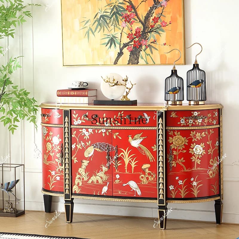 French Chinese style red painted gold semi-circular arc entrance decorative cabinet