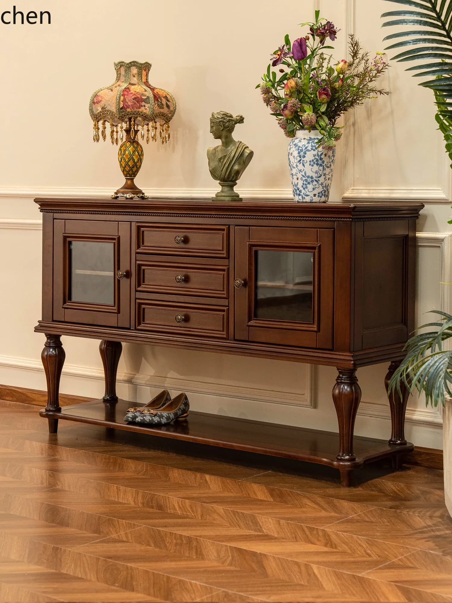 PYH Vintage Simple Light Luxury Entrance Cabinet Wood Storage High-End Entryway Living Room Hallway Cabinet