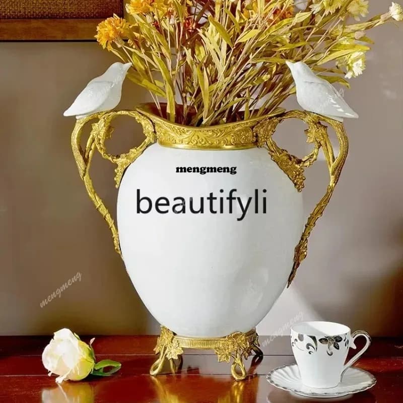 Modern Simple Pastoral Peacock Bird White Ice Crack Ceramic Flower Vase Decorative OrnamentX