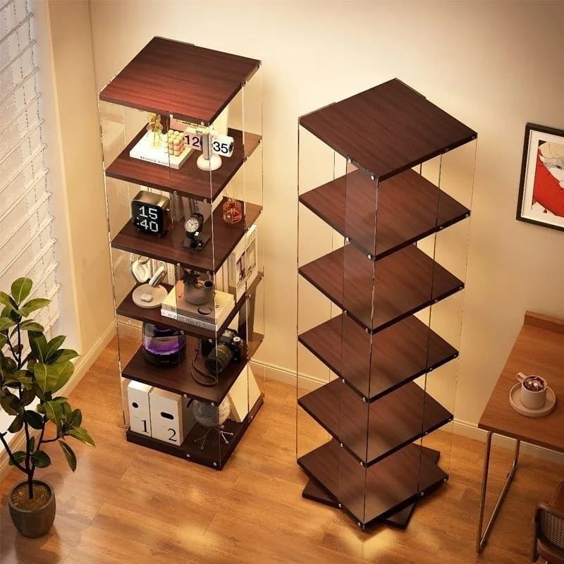 Bookshelf Student living room display rack, acrylic transparent display cabinet 360 ° rotating living room