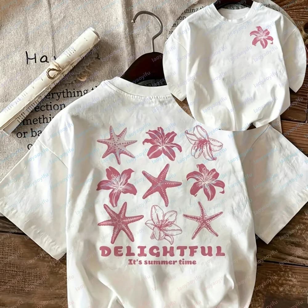 Summer Delightful Starfish Flower Graphic T-Shirt Women Casual Cotton Short Sleeve Beach Vacation Tee Funny Outdoors Short-sleev