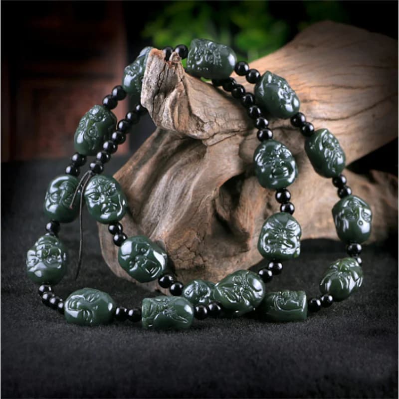 green necklace, Hetian Luo Han chain, men's and women's jade crafts with retractable hanging cord