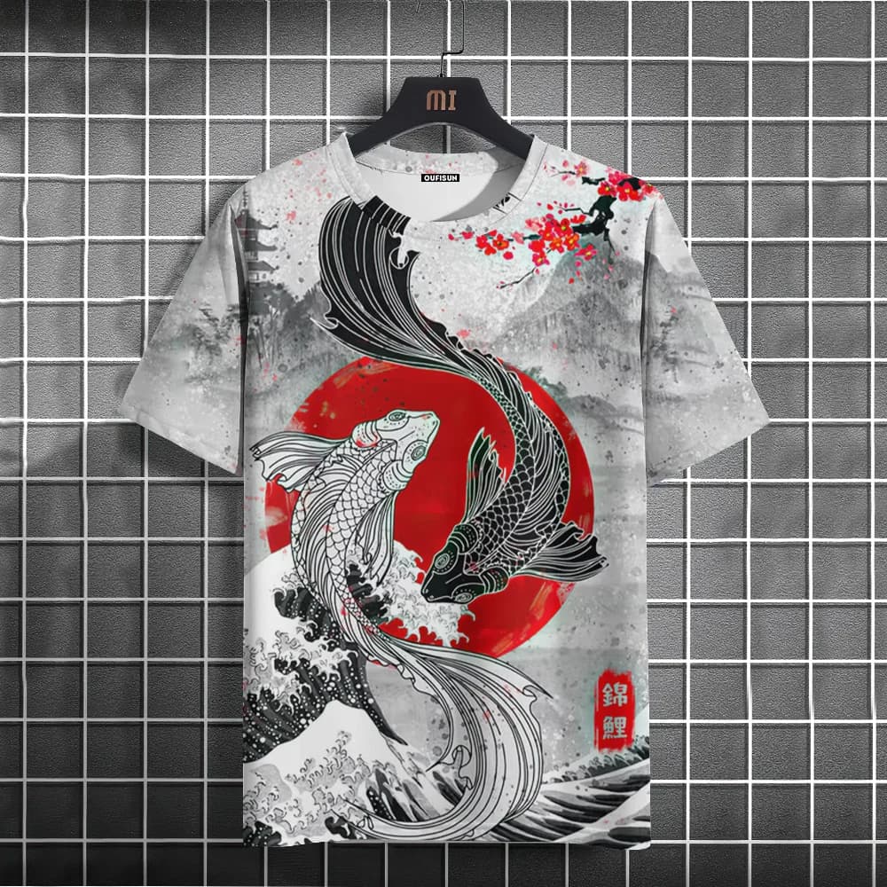 Funny 3D Fish Pattern Men's T Shirt Japan Ukiyo-e Style Short Sleeve Summer Casual O-neck Loose Tops Fashion Animal Print Tees
