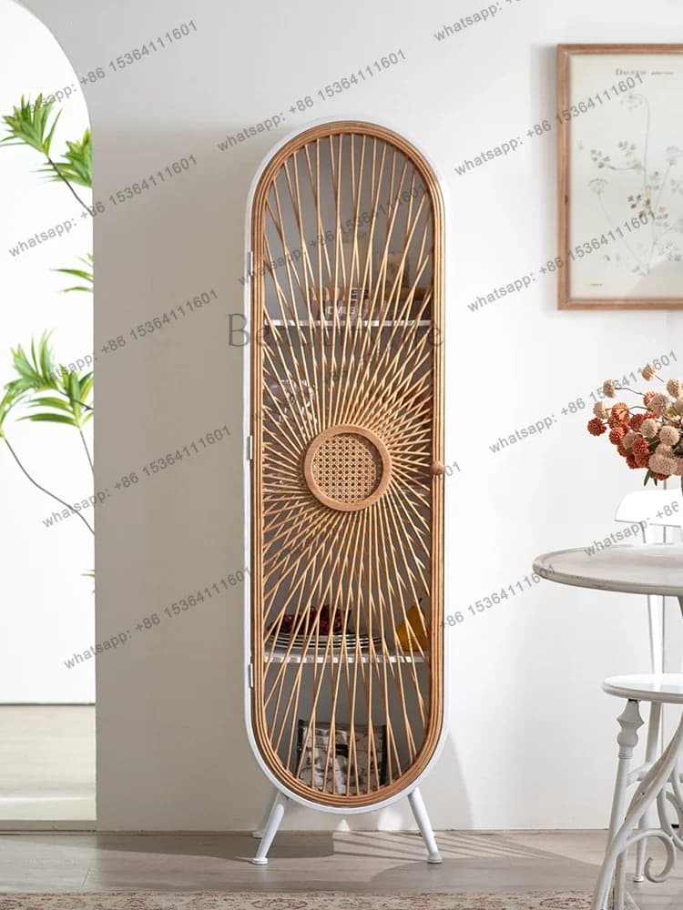 D06Retro dining side cabinet narrow bamboo woven art living room sofa corner cabinet