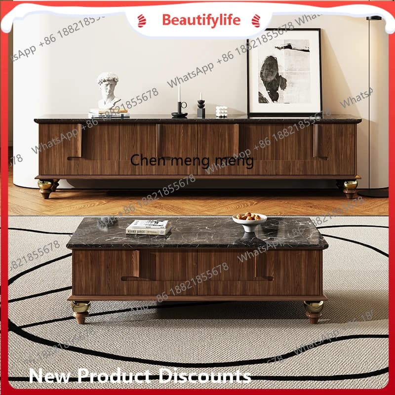 European and American painted, modern simple marble TV cabinet, simple walnut living room cabinet   H