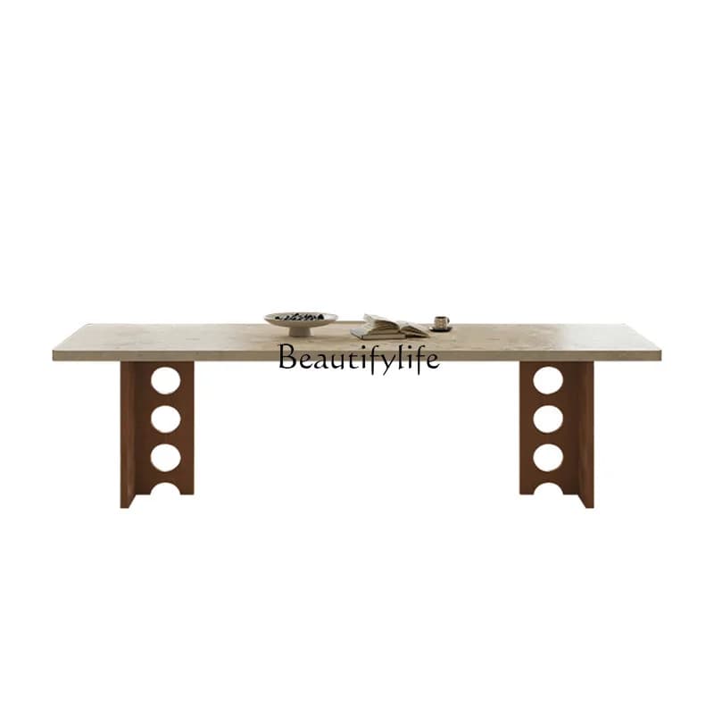 Medieval solid wood rock slab dining table Small apartment minimalist rectangular hanging dining table