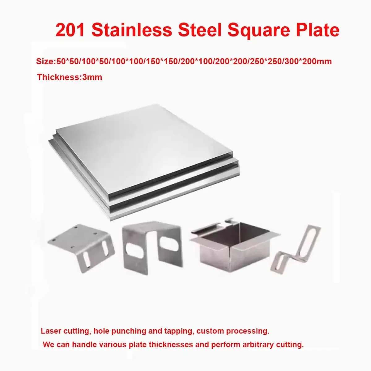 Thickness 3mm 201 Stainless Steel Square Plate Sheet 50x50 100x50 100x100 150x150 200x100 200x200 250x250 300x200mm