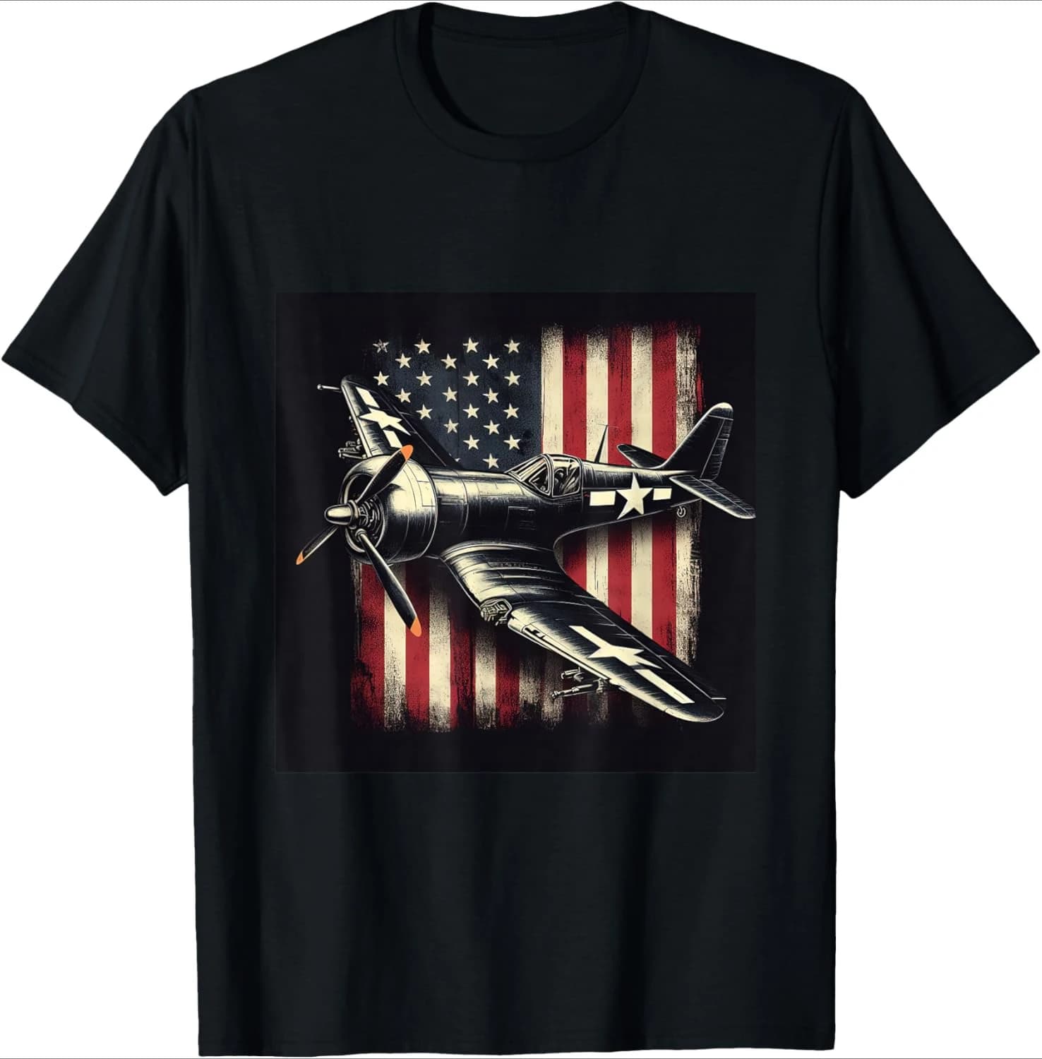 Warplane F4U Corsair Distressed American Flag Vintage design-100% cotton O-neck short sleeve printed men's T-shirt.
