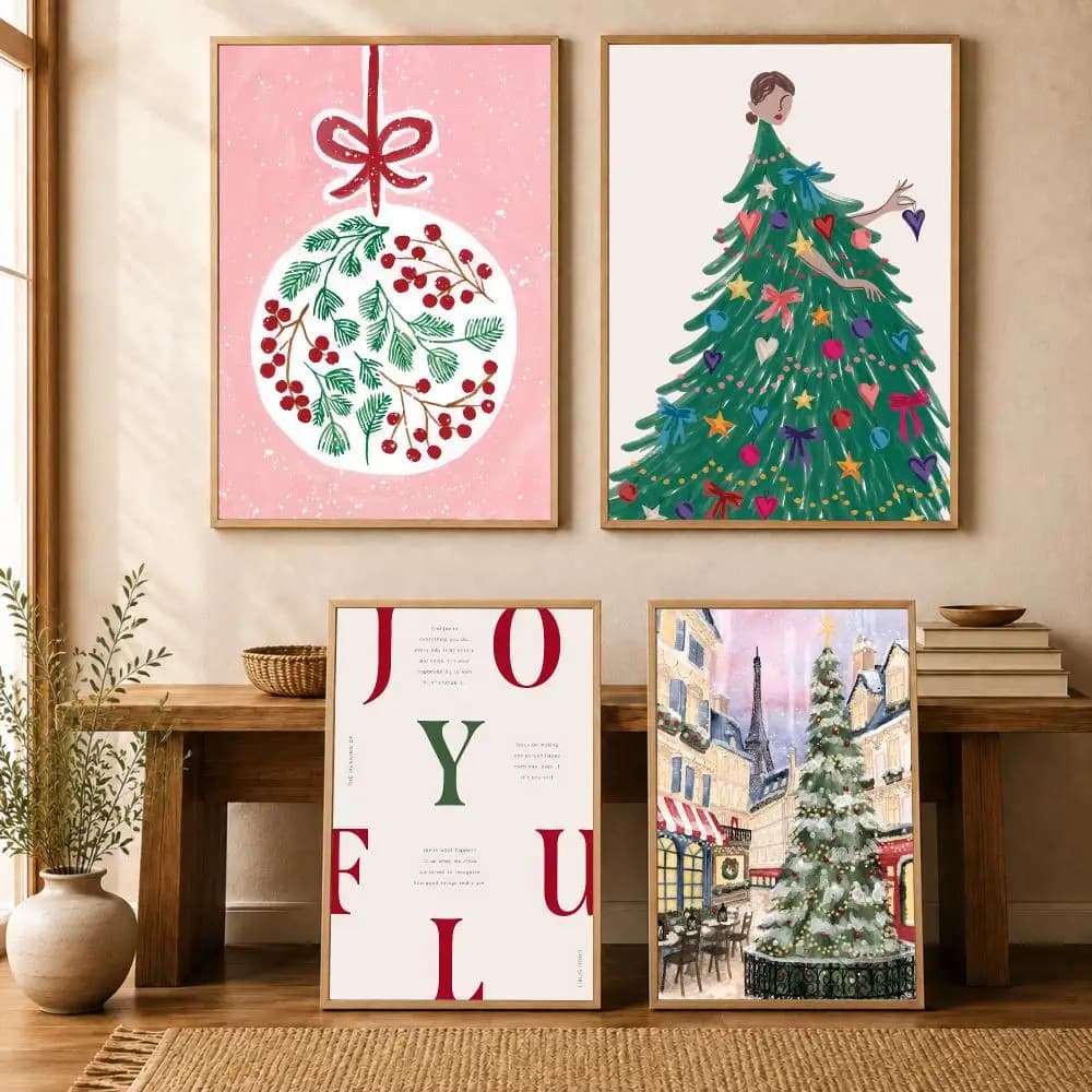 Christmas Tree Ball Snowflake Calligraphy Canvas Painting Art for Bedroom Living Room Home Decor Wall Decoration Decals Gift