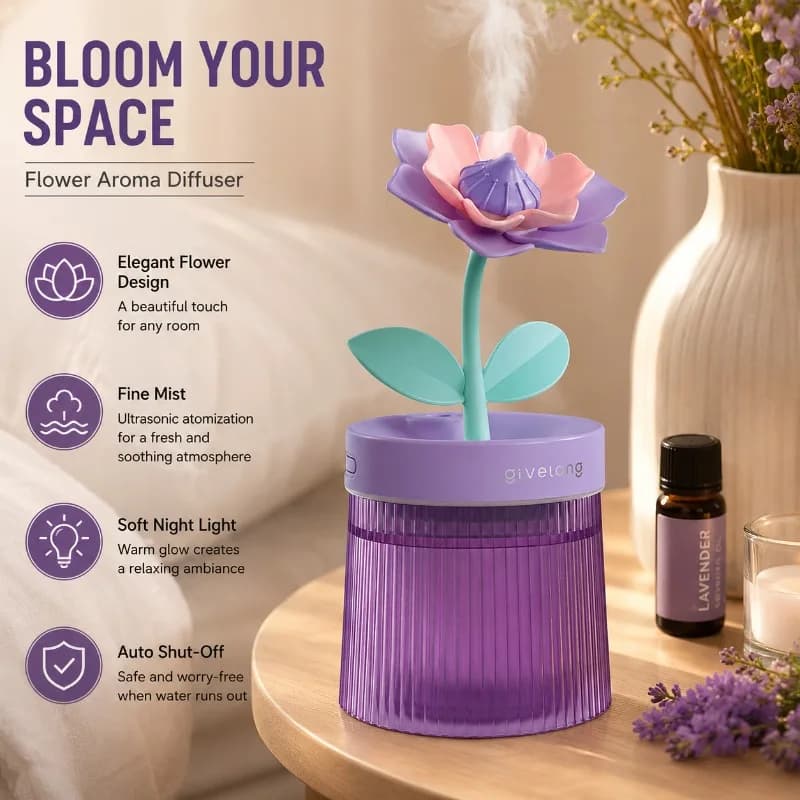 Flower Aroma Diffuser USB Humidifier Essential Oil Aromatherapy Night Light Quiet Air Freshener Home Decor Gift