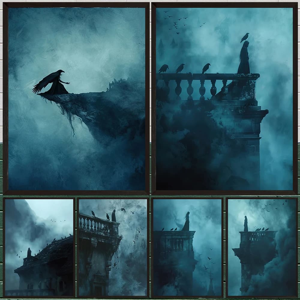 Black Crow Witch In The Castle, Abstract Wall Art Canvas Painting, Dark Gothic Aesthetics Art Poster Print, Home Decor Unframed