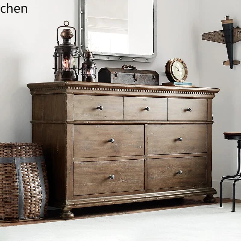 HT American country solid wood chest simple modern white French oak retro drawer storage cabinet