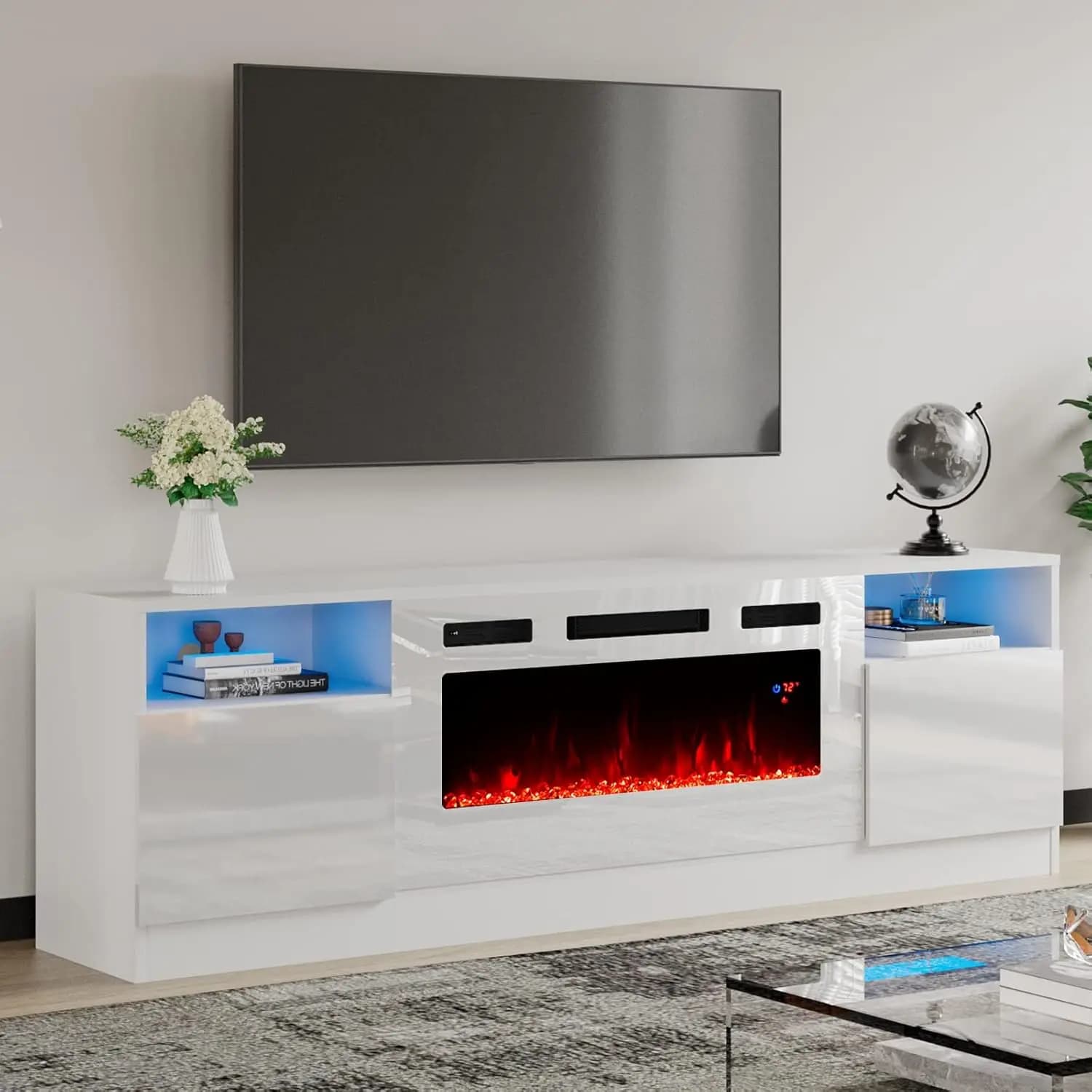 Fireplace Tv Stand with Fireplace LED Light Entertainment Center and Storage,Modern Wood Media TV Console with Highlight Cabinet