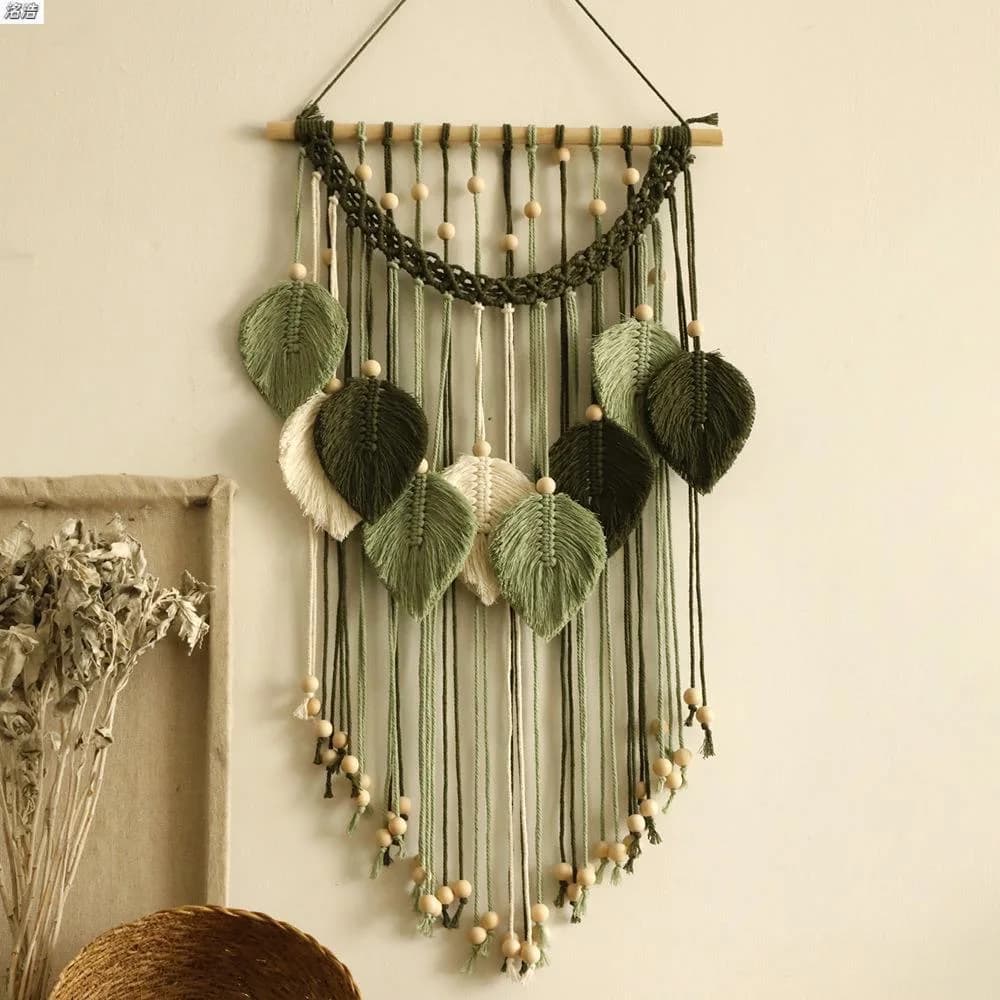 Green Wall Hanging with Leaf Shape Tassels, Handwoven Cotton Rope Tapestry with Wooden Beads, Bohemian Style Home Gift.