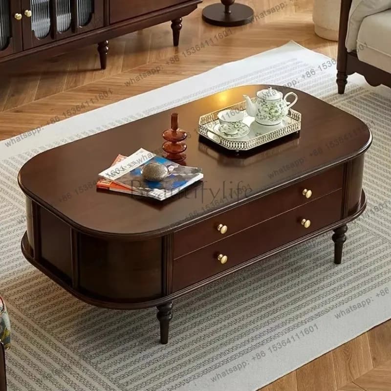 YJ French Style Retro Coffee Table Solid Wood Pure Log Walnut Oval Coffee Table