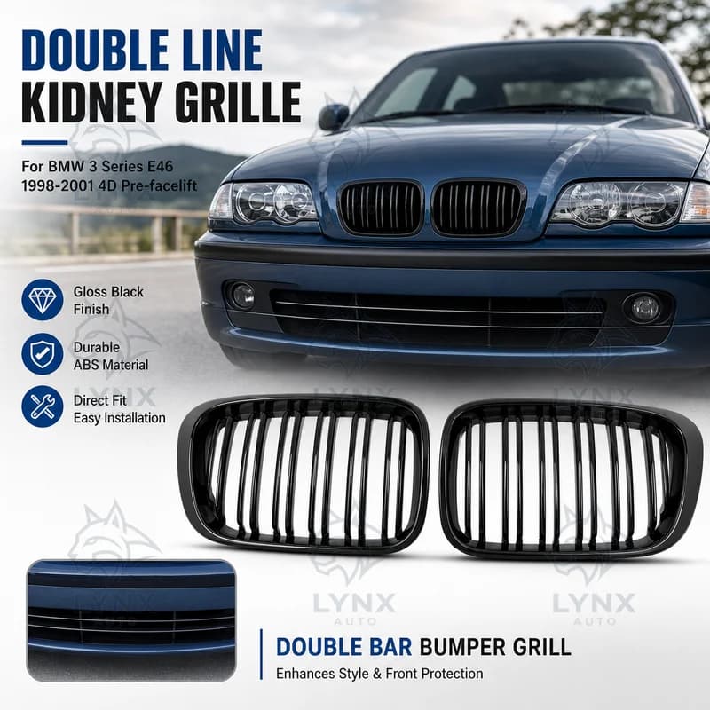 For BMW 3 Series E46 1998-2001 4D Pre-facelift Gloss Black Double Line Kidney Grille & Double Bar Bumper Grill