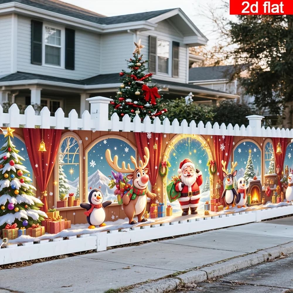 2D FLAT 1 pc Cute Large Outdoor/ Merry Christmas Banner With Santa Claus & Friends Figurine - 18x79 Inch Polyester Yard Sign