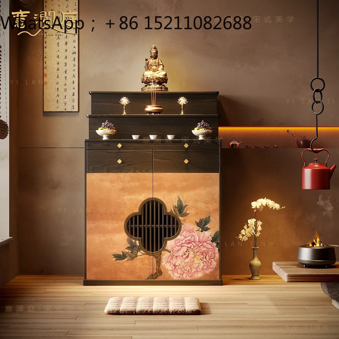 LLY Song-style peony painted solid wood Buddhist platform New Chinese tea room Bodhisattva God of Wealth worship platform