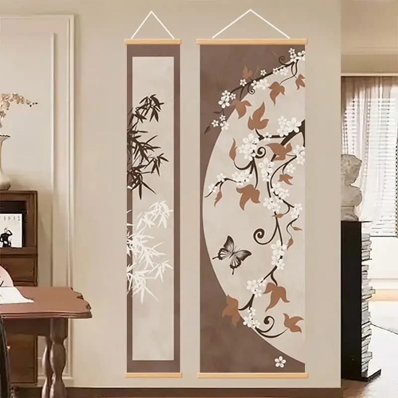 Aesthetic Room Decor Posters | Oriental Zen Floral Butterfly Scroll Japanese Wabi-Sabi Style Tea Room Yoga Studio Wall Hanging